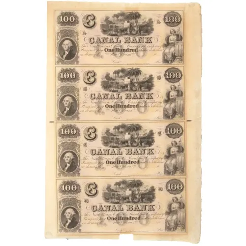 1800s New Orleans Canal Bank $100 Note - Uncut Sheet of 4