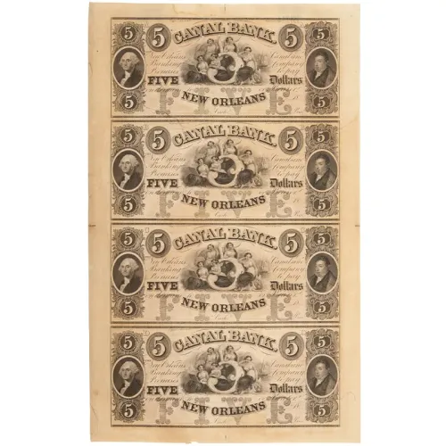 1800s New Orleans Canal Bank $5 Note - Uncut Sheet of 4