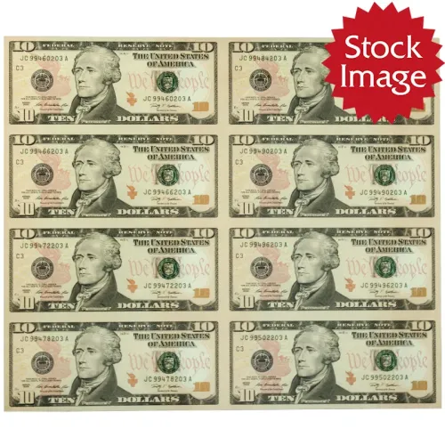 2009 US $10 1/4 Sheet Uncut Currency 8 Notes