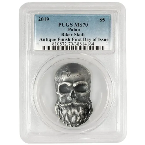 2019 Palau $5 1oz .999 Silver Biker Skull - PCGS MS70 FDOI