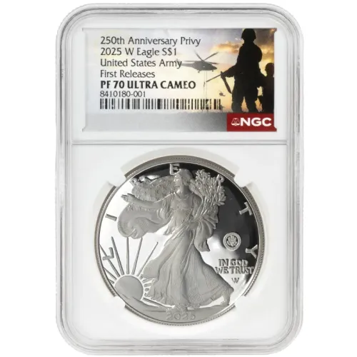 2025 W American Silver Eagle Proof - 250th Anniversary of Army Privy - NGC PF70 First Release