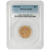 1911 D Indian $5 Gold Half Eagle - PCGS AU58