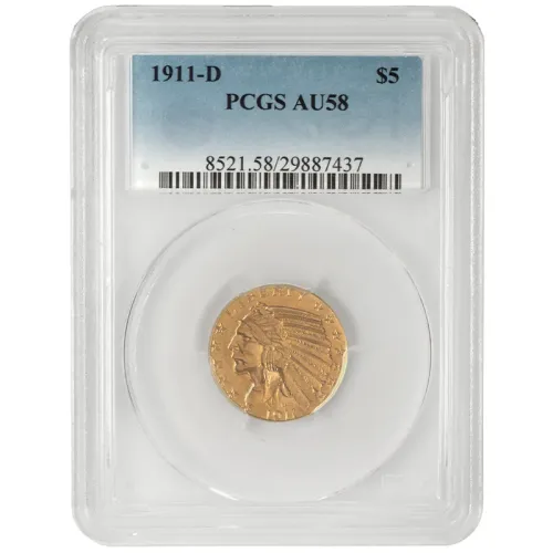 1911 D Indian $5 Gold Half Eagle - PCGS AU58