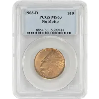 1908 D Indian $10 Gold Eagle No Motto - PCGS MS63