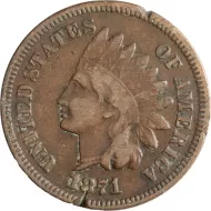 1871 Indian Head Penny - Bold N - F (Fine) Details - Damaged