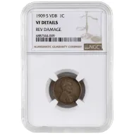 1909 S VDB Lincoln Wheat Penny - NGC VF Details Reverse Damage