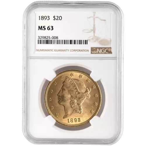 1893 $20 Gold Liberty Double Eagle - NGC MS63